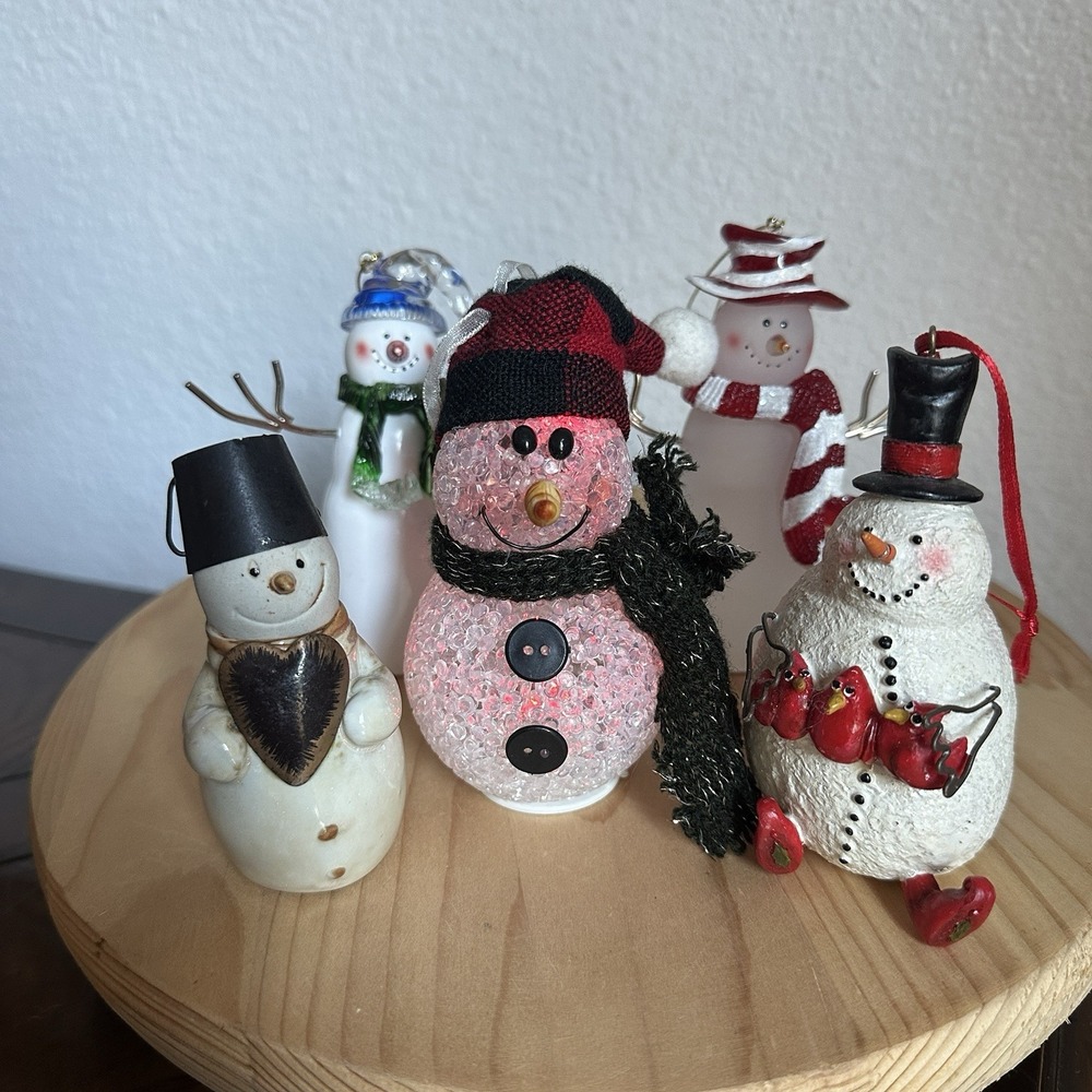 Assorted Christmas Snowman Figurines 4-5 Inch Metal Ceramic Glass Resin Lot Of 5